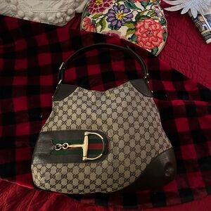 Really nice large brown Gucci horse bit  monogrammed purse As is